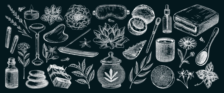 Aromatherapy, spa and wellness hand-drawn vintage illustrations. Essential oil bottle, incense holder, sleep mask, herbs, organic ingrediet sketches. Self care design elements. NOT AI generated